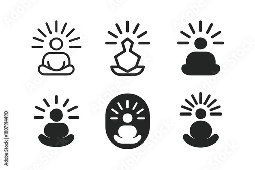 Meditation App Icons. using a meditation app. Icon set. Set Logo of using a meditation app: breathing animation symbol. harmonious logo variations of the same