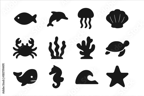 Marine Icons Collection. Marine life. Solid icon set of marine life: fish, dolphin, jellyfish, shell, crab, seaweed, coral, turtle, whale, seahorse, wave,