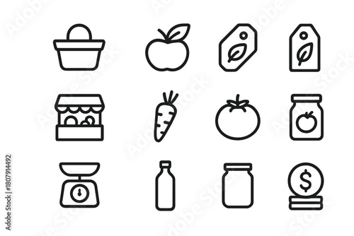 Organic Market Icons. Organic market. Line icon set of organic market: basket, apple, leaf, tag, stand, carrot, tomato, bag, scale, bottle, jar, coin. All