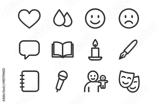 Emotion Icon Set. Emotion-driven storytelling. Line icon set of emotion-driven storytelling: heart, tears, smile, frown, speech bubble, book, candle, pen,
