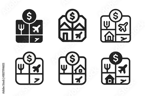 Monthly Expenses Icons. Tracking monthly expenses. Icon set. Set Logo of tracking monthly expenses: expense categories grid with icons for food, rent, and