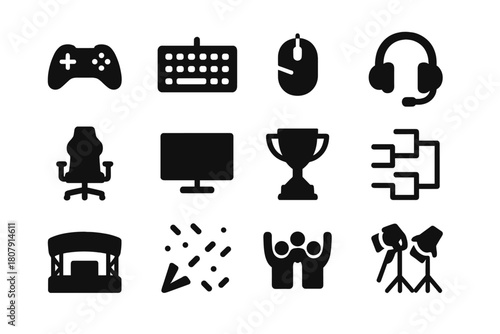 Esports Icon Set. Competing in an Esports Tournament. Solid icon set of Competing in an Esports Tournament: gaming controller, keyboard, mouse, headset, gaming
