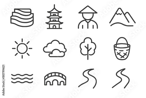Cultural Landscape Icons. Cultural landscapes. Line icon set of cultural landscapes: terraced field, pagoda, farmer, mountain, river, sun, cloud, tree, basket,