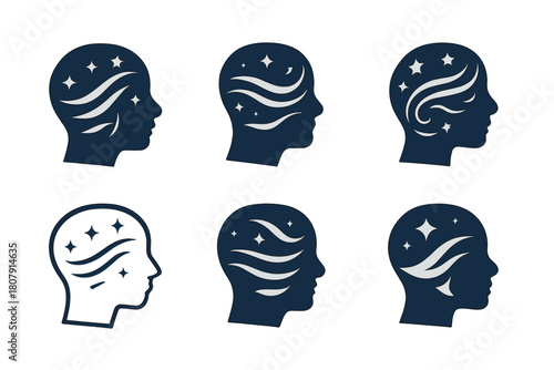 Swirling Thoughts Logos. Night sky filled with swirling thoughts. Icon set. Set Logo of night sky filled with swirling thoughts: flowing stars and waves.