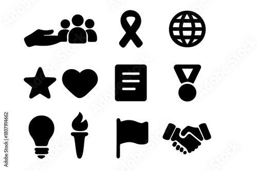 Public Service Icons. Public service. Solid icon set of public service: hand, people group, ribbon, globe, star, heart, document, medal, lightbulb, torch,