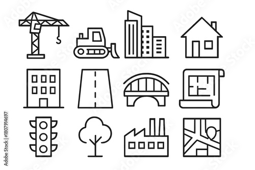 Urban Construction Icons. Urban construction. Line icon set of Urban construction: construction crane, bulldozer, skyscraper, house, apartment building, road,