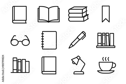 Library Icon Set. Library. Line icon set of Library: bookshelf, open book, closed book, glasses, magnifying glass, desk, lamp, notebook, coffee cup, bookmark,