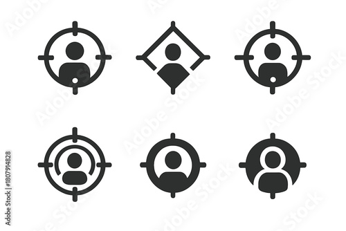 Influencer Campaign Logos. Influencer campaigns targeting niche markets. Icon set. Set Logo of Influencer Campaigns: influencer icon connected to segmented