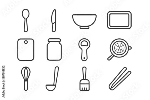 Kitchen Tool Icons. Preparation tools. Line icon set of preparation tools: spoon, knife, bowl, tray, chopping board, jar, jar opener, strainer, whisk, ladle,