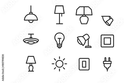 Interior Lighting Icons. Interior lighting. Line icon set of interior lighting: pendant lamp, floor lamp, table lamp, ceiling light, light bulb, spotlight,
