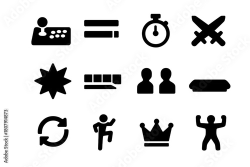 Fighting Game Icons. Fighting Game Bracket. Solid icon set of Fighting Game Bracket: arcade stick, health bars, round timer, combo counter, versus icon,
