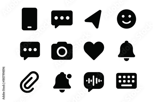 Mobile Messaging Icons. Mobile messaging. Solid icon set of Mobile messaging: smartphone, chat window, send arrow, emoji, message dots, camera,