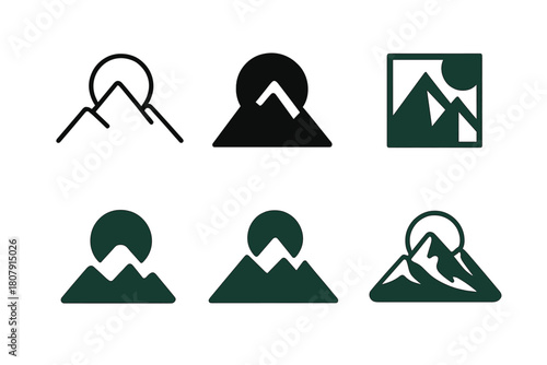 Mountain Logo Variations. Distant Mountains. Icon set. Set Logo of Distant Mountains: Sunrise over mountains. harmonious logo variations of the same emblematic