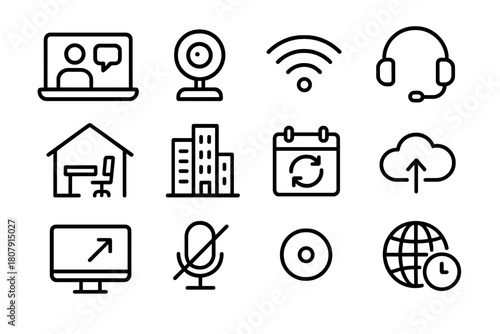 Hybrid Work Icon Set. Hybrid and remote work. Line icon set of hybrid and remote work: laptop with video call, webcam, wifi, headset mic, home desk, office
