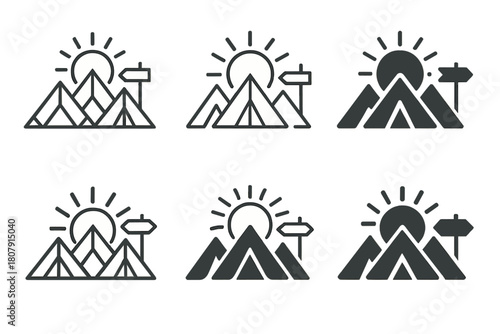 Camping Logo Collection. Group camping adventures. Icon set. Set Logo of group camping adventures: row of backpacks leaning on a log. harmonious logo