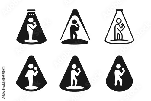 Singer Spotlight Logos. Singer in spotlight. Icon set. Set Logo of singer in spotlight: dramatic light and stage presence. harmonious logo variations of the