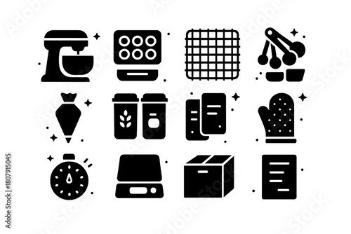 Home Baking Essentials. Home baking business setup. Solid icons set of Home baking business setup: stand mixer, baking tray, cooling rack, measuring cups,