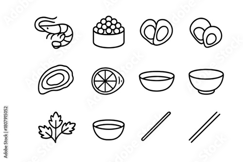 Seafood Platter Icons. Seafood platter. Line icon set of seafood platter: shrimp, salmon roe, tobiko, ikura, masago, clams, oyster, lemon slice, sauce dish,