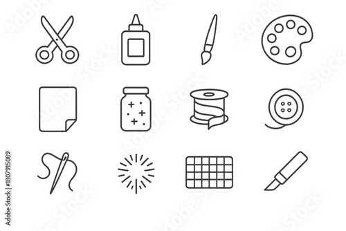 Craft Tools Icon Set. Making a fun, colorful craft or DIY project. Line icon set of making a fun, colorful craft or DIY project: scissors, glue bottle,