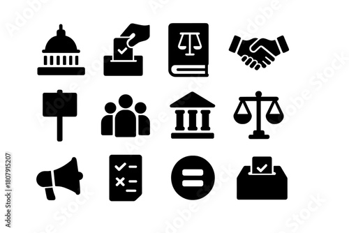 Democracy Icon Set. Democracy and governance. Solid icon set of Democracy and governance: parliament dome, citizen vote, law book, constitution, handshake,