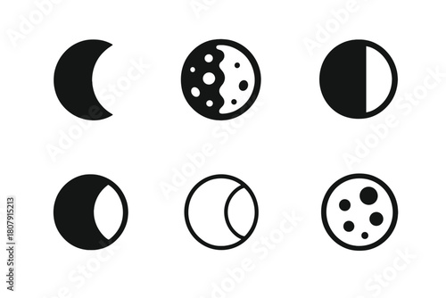 Moon Phase Icons. Moon phases. Icon set. Set Logo of moon phases: crescent-to-full sequence along a curved path. harmonious logo variations of the same