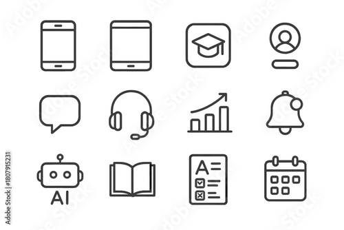 Mobile Learning Icons. Mobile learning. Line icon set of Mobile learning: smartphone, tablet, app icon, user profile, chat bubble, headphones, progress chart,