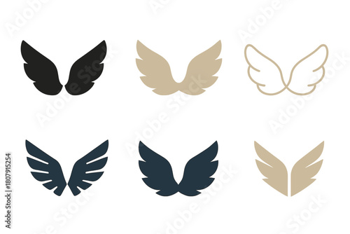 Winged Creatures Logos. Winged creatures. Icon set. Set Logo of Winged creatures: Angel wings. harmonious logo variations of the same emblematic concept, each