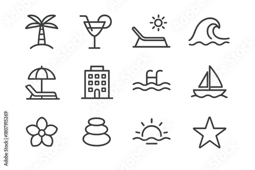 Luxury Resort Icons. Luxury Resorts. Line icon set of Luxury Resorts: palm tree, cocktail glass, sunbed, ocean wave, parasol, hotel building, pool, sailboat,