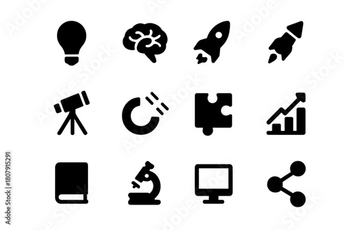 Paradigm Shift Icons. Paradigm Shift. Solid icon set of Paradigm Shift: light bulb, brain, gears, rocket, telescope, magnet, puzzle piece, chart, book,