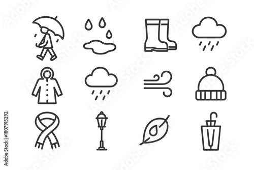Walking in Drizzle Icons. Walking in drizzle. Line icon set of Walking in drizzle: person with umbrella, raindrops, puddle, boots, raincoat, cloud, wind, hat,