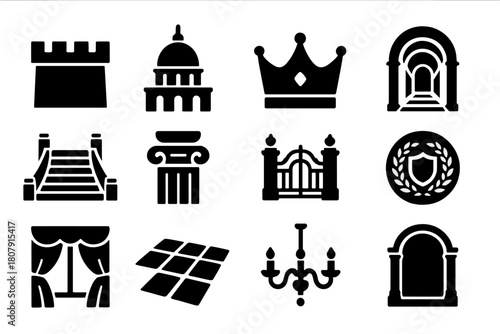 Royal Architecture Icons. Royal architecture. Solid icon set of Royal architecture: castle wall, palace dome, golden crown, arched hallway, grand staircase,