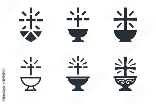 Baptism Emblems Collection. The significance of baptism in Christian faith. Icon set. Set Logo of baptism: cross emerging from rippling water. harmonious logo