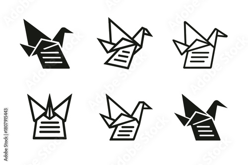 Poetic Crane Logos. Poetic expression. Icon set. Set Logo of poetic expression: paper crane folded from a poem page. harmonious logo variations of the same
