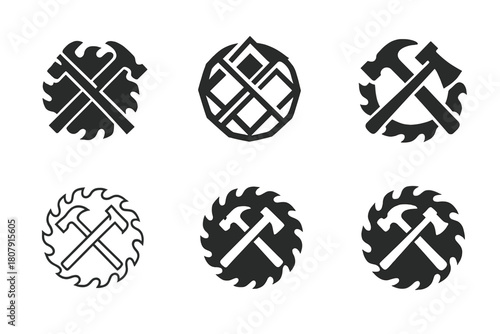 Power Saw Logos. Power saw blade. Icon set. Set Logo of Power Saw Blade: blade combined with electric motor symbol. harmonious logo variations of the same