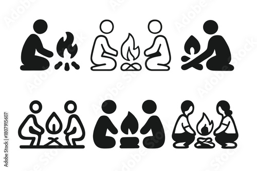 Beach Bonfire Logos. Beach bonfire gatherings. Icon set. Set Logo of Beach bonfire gatherings: Storytelling by the fire. harmonious logo variations of the same