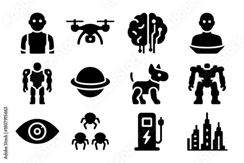 Futuristic Robot Icons. Futuristic Robots. Solid icon set of Futuristic Robots: humanoid android, flying drone, AI brain, hologram, exosuit, floating orb,