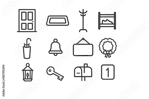 Warm Welcome Icons. Warm welcome entry. Line icon set of warm welcome entry: front door, doormat, coat rack, shoe rack, umbrella stand, bell, welcome sign,