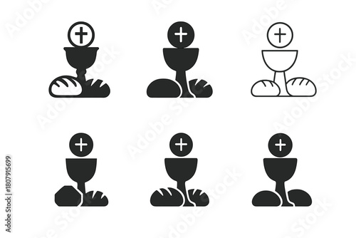 Holy Communion Icons. Holy communion. Icon set. Set Logo of holy communion: bread and wine cup. harmonious logo variations of the same emblematic concept, each
