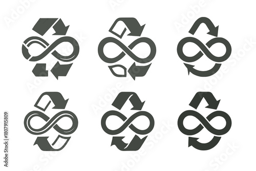 Recycled Metal Logos. Recycled metal jewelry. Set Logo of Recycled metal jewelry: infinity loop ring. harmonious logo variations of the same emblematic