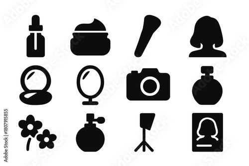 Skincare Icon Grid. Skincare Campaign. Solid icon set of Skincare Campaign: serum bottle, face cream, makeup brush, lipstick, compact powder, mirror, camera,