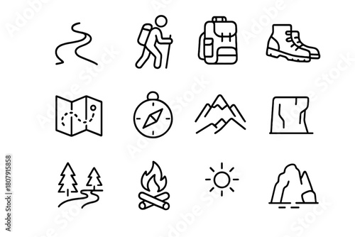 Hiking Trail Icons. Hiking Trail. Line icon set of Hiking Trail: path, hiker, backpack, boots, map, compass, mountain, cliff, trees, river, campfire, sun. All