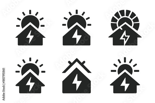 Solar Roofing Logos. Solar roofing systems. Icon set. Set Logo of solar roofing systems: sun above roof with lightning bolt for energy. harmonious logo