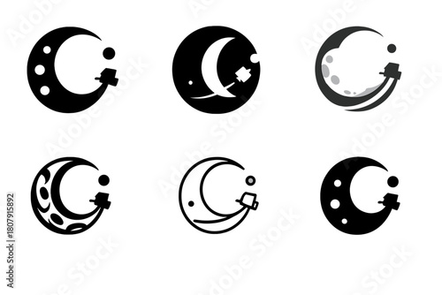 Lunar Icon Set. Lunar exploration and moon missions. Icon set. Set Logo of Lunar Exploration: stylized moon phases forming orbit. harmonious logo variations of
