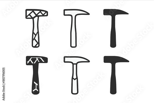 Geological Hammer Icons. Earth's minerals. Icon set. Set Logo of Geological Hammer: Rock hammer for minerals. Abstract geometric, Stylized detail, Minimal
