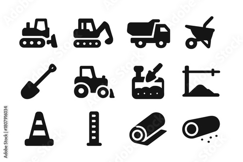 Construction Equipment Icons. Construction Earth Mounds. Solid icon set of Construction Earth Mounds: bulldozer, excavator, dump truck, wheelbarrow, shovel,
