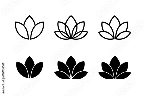 Lotus Icon Set. Symbolism in art and its meanings. Icon set. Set Logo of Lotus: Symbol of purity. Negative space, Minimal outline, Symmetrical form, Iconic