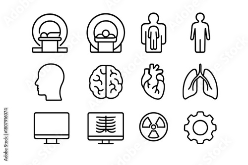 Body Scan Technology Icons. Body scan technology. Line icon set of body scan technology: CT scanner, MRI, x-ray, body outline, head, brain, heart, lungs,