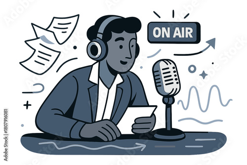 Radio Broadcast Vibes. Radio news anchor. A poised host leans into a vintage mic as the ?ON AIR? sign glows; waveform ribbons pulse across the desk. Headphones