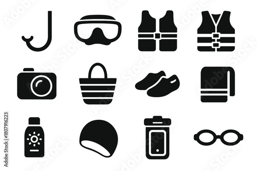 Snorkeling Essentials Icons. Snorkeling essentials. Solid icon set of Snorkeling essentials: snorkel, mask, fins, life vest, underwater camera, beach bag, reef