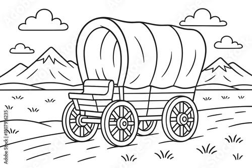 Covered Wagon Adventure. Western wagon trail children?s coloring book illustration, outlined drawing, covered wagon rolling across open plains with mountains
